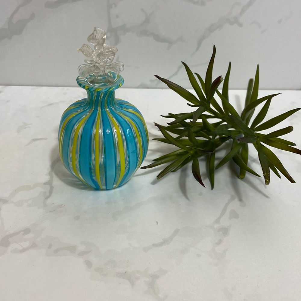 Murano Style Hand Blown Art Glass Perfume Bottle Blue Green Swirl Glass Stopper